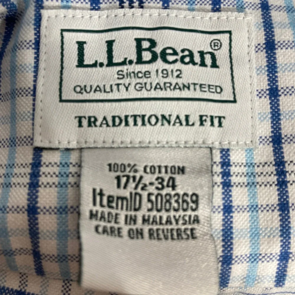 Lot 2 LL Bean Mens Traditional Fit Button‎ Down Shirt  Blue Plaid Gray 17.5 x 34